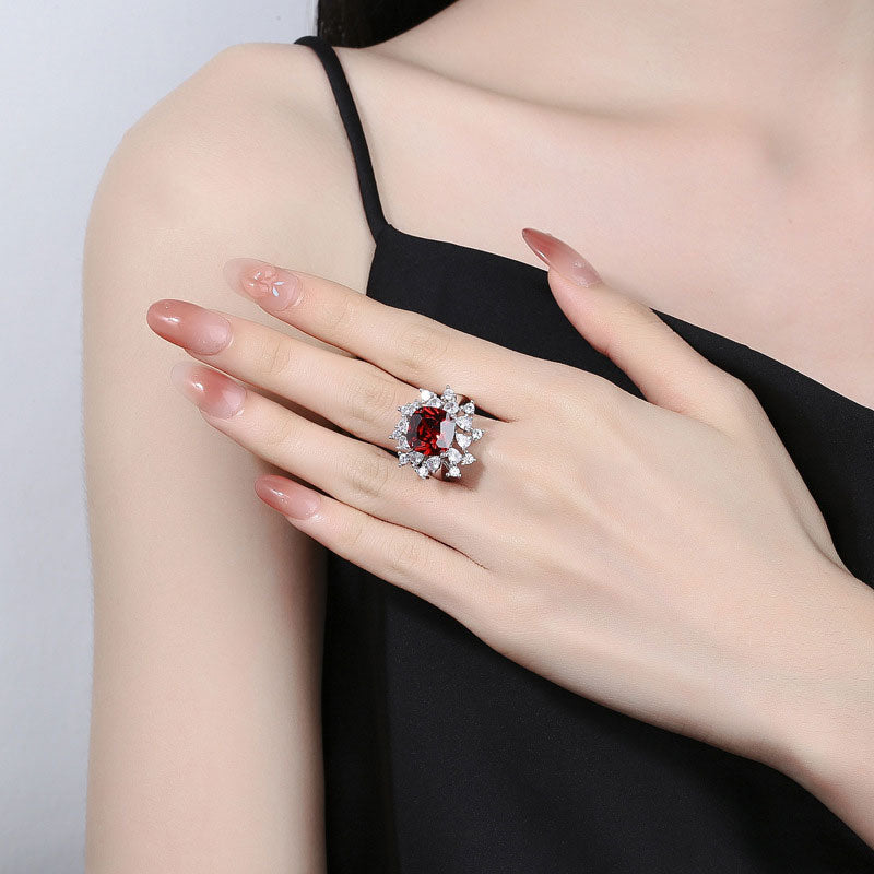 Oval Red Garnet & Diamond Halo Cocktail Ring